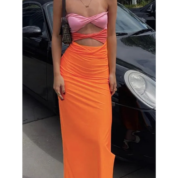 Strapless Color Block Cutout Twisted Midi Bodycon Dress | Size 4   | Commense - Picture 2 of 5